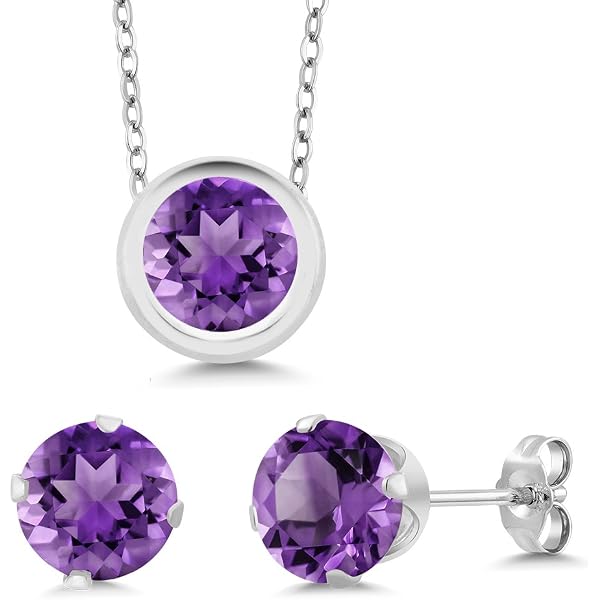 Sterling Silver Simulated Amethyst Jewelry Set - Pendant Necklace & Stud Earrings