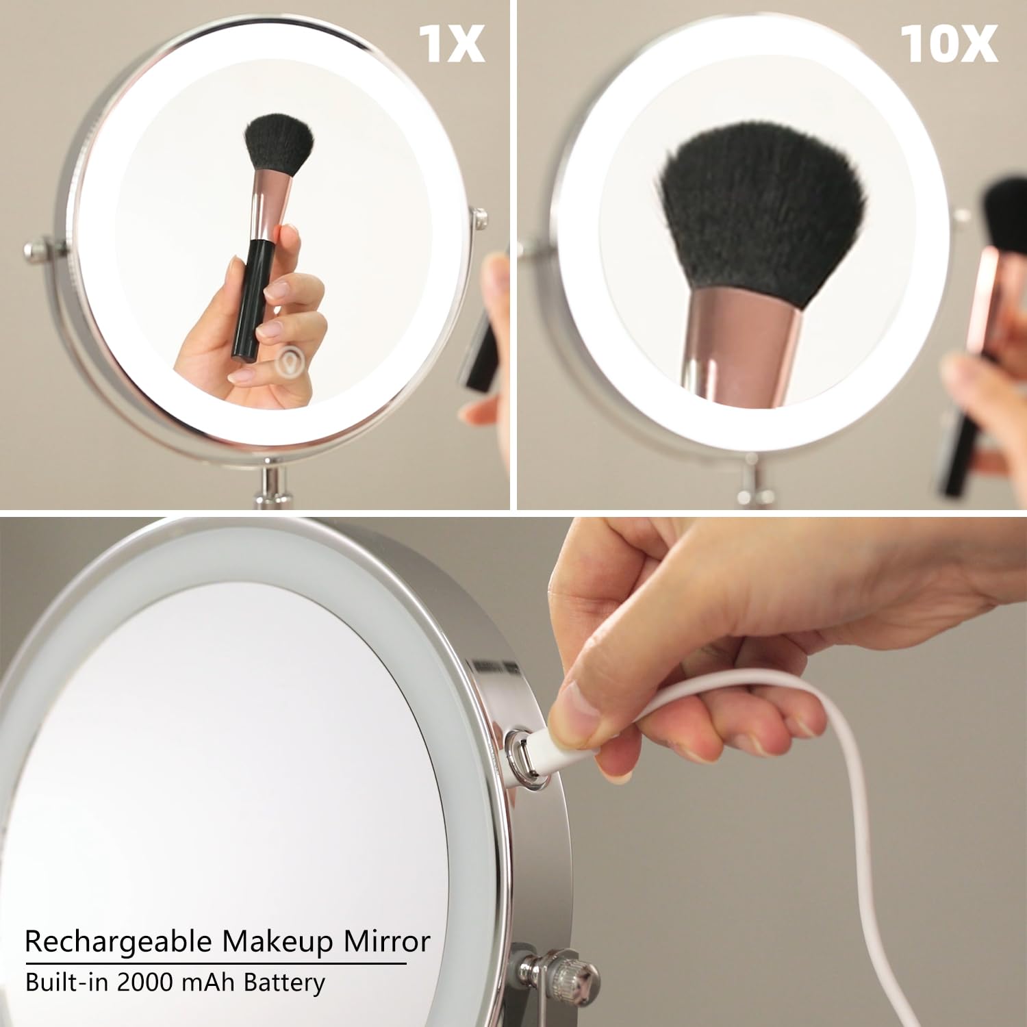 Lighted Makeup Mirror with Magnification, Rechargeable Lighted Mirror, Three Color Lighting Modes, Height Adjustable, 1x/10x 360° Rotation Touch Screen Vanity Mirror (8in. Silver)