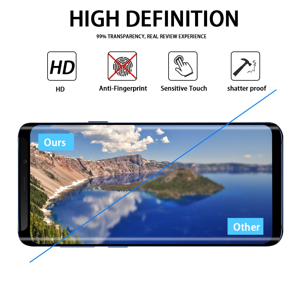 Tembin S9 Curved Edge Glass Screen Protector, 2 Pack Full Adhesive [ Leather Case Friendly ] Premium HD Clear Full Coverage Screen Film Dust Free Anti Scratch Screen Cover for Samsung Galaxy S9