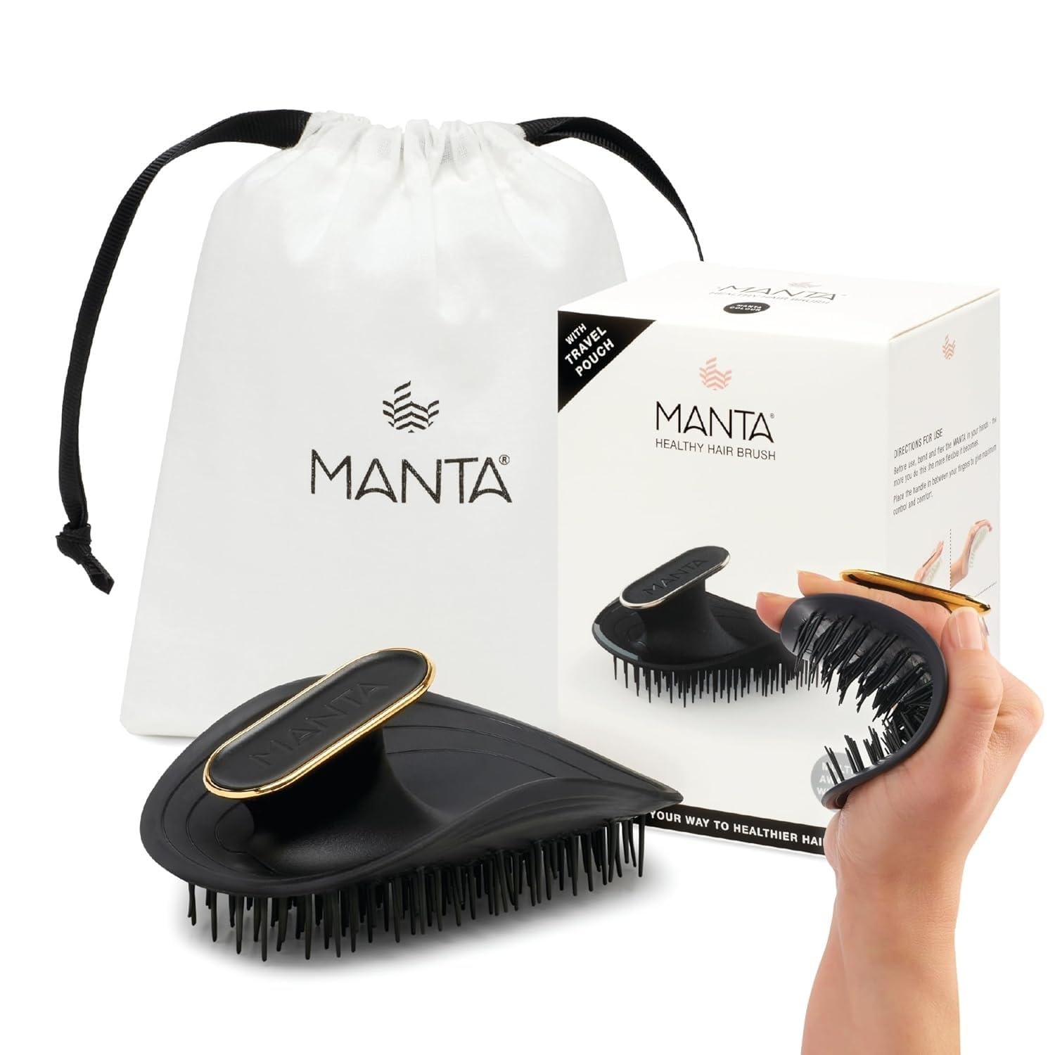 Manta Original Anti-Breakage Hairbrush – Best Detangling & Flexible Brush for Healthy, Thinning & All Hair Types, Gentle Hair Care for Women & Men, Black