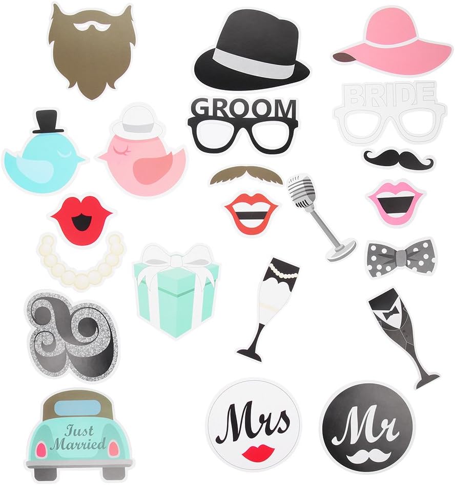 Weddding Photo Props 22 Pcs with Mustache props, Just Married decoration, bridal shower decorations DIY kit for Wedding, Bridal shower, Valentine's Day, Anniversary decorations, wedding favors