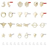 PH PandaHall 96pcs Earring Studs Backs 48pcs 12 Styles Golden Earring Posts Heart Moon Star Rhombus Pad Base with Loops Steel Pin and 48pcs Plastic Earring Backs for DIY Earring Making and Repairing