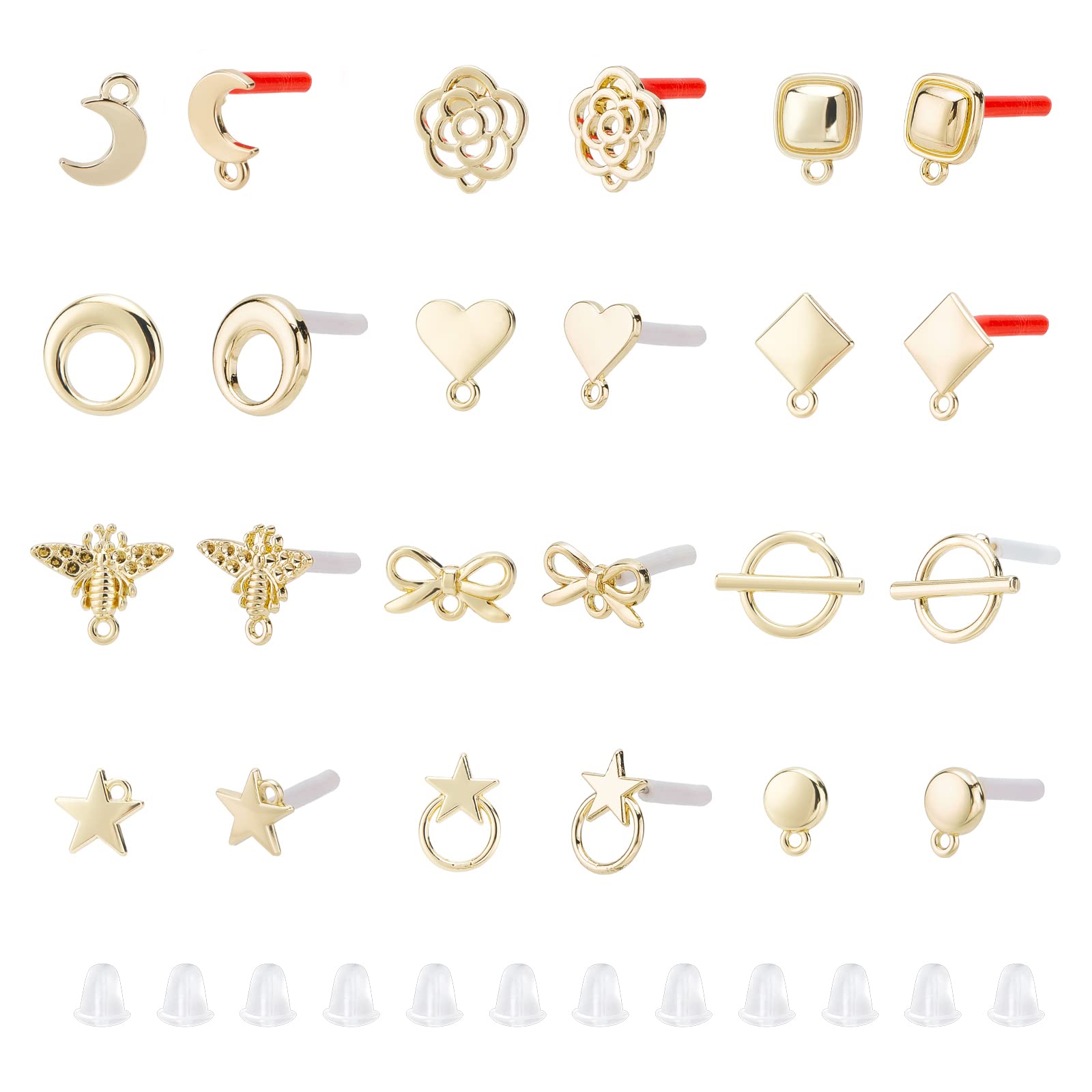PandaHall 96pcs Earring Studs Backs 48pcs 12 Styles Golden Earring Posts Heart Moon Star Rhombus Pad Base with Loops Steel Pin and 48pcs Plastic Earring Backs for DIY Earring Making and Repairing