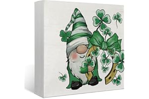 Mtrgdn St Patricks Day Gnome Shamrocks Farmhouse Wood Box Sign,Irish Green Gnome Decor Rustic Wooden Box Sign Block Plaque for St.Patrick's Day Irish Holiday Home Shelf Desk Indoor Decor 5x5 Inch