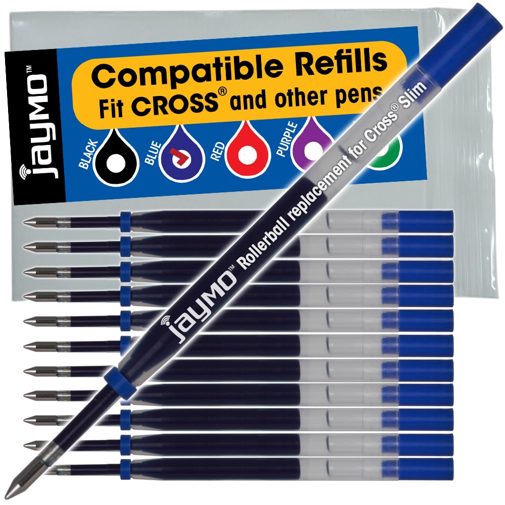 Jaymo Replacement for Cross Slim 8910-2 - Measures 4 in / 102 mm Long - Gel Rolling Ball Pen Refill - 12 Blue