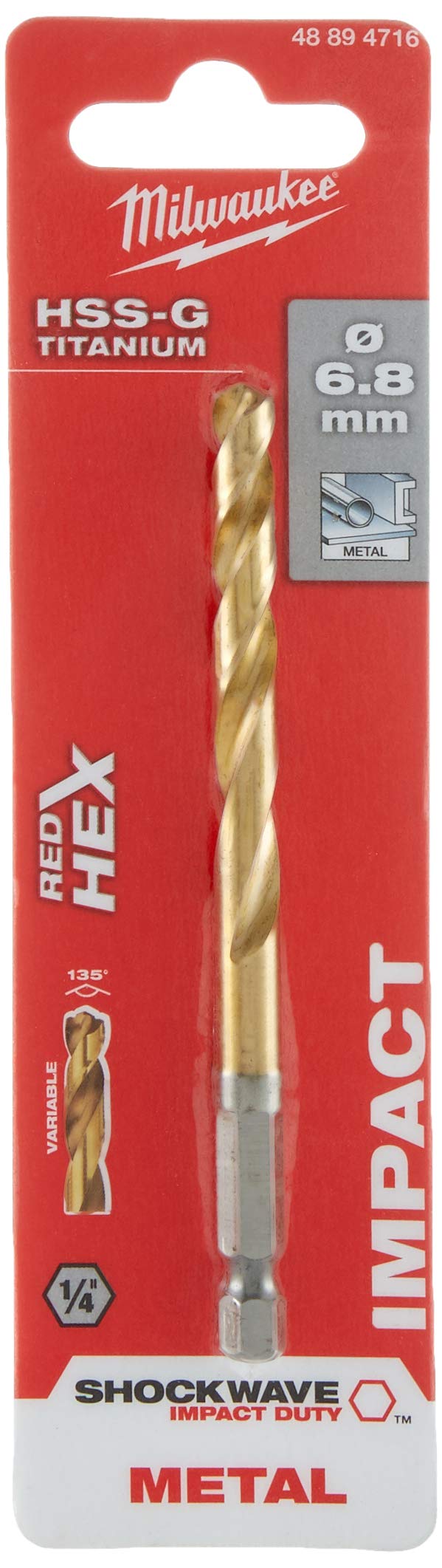 Milwaukee Shockwave Metal Drill Bit HSS-G Red Hex Titanium 1/4 Inch 6.8 x 108 mm
