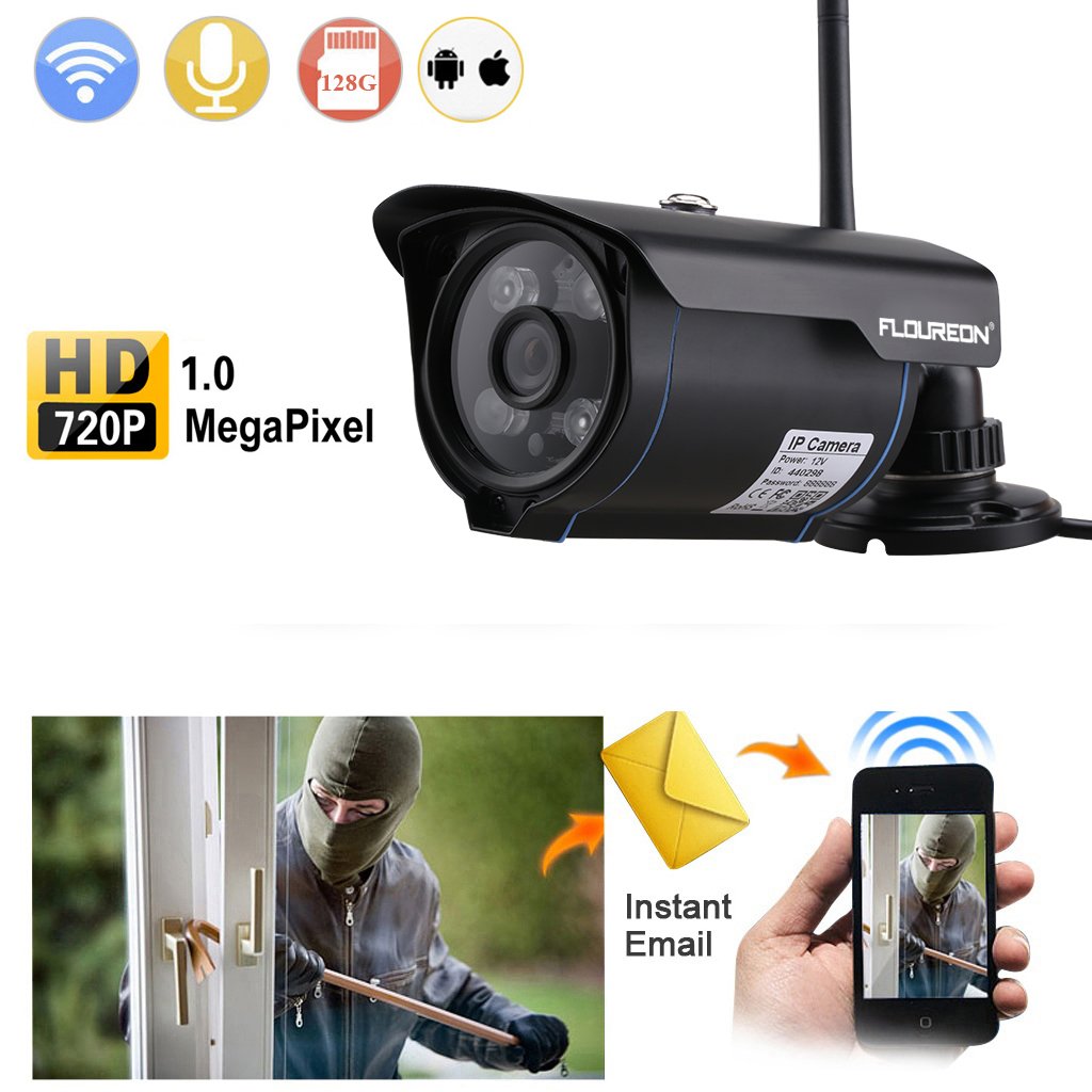 FLOUREON Caméra IP HD 720p sans Fil Etanche Vision Nocturne Caméra de sécurité WiFi ONVIF IR-Cut Support Détection du Mouvement Alarme Mail/Téléphone Accès à Distance PC Phone P2P Noir SP007