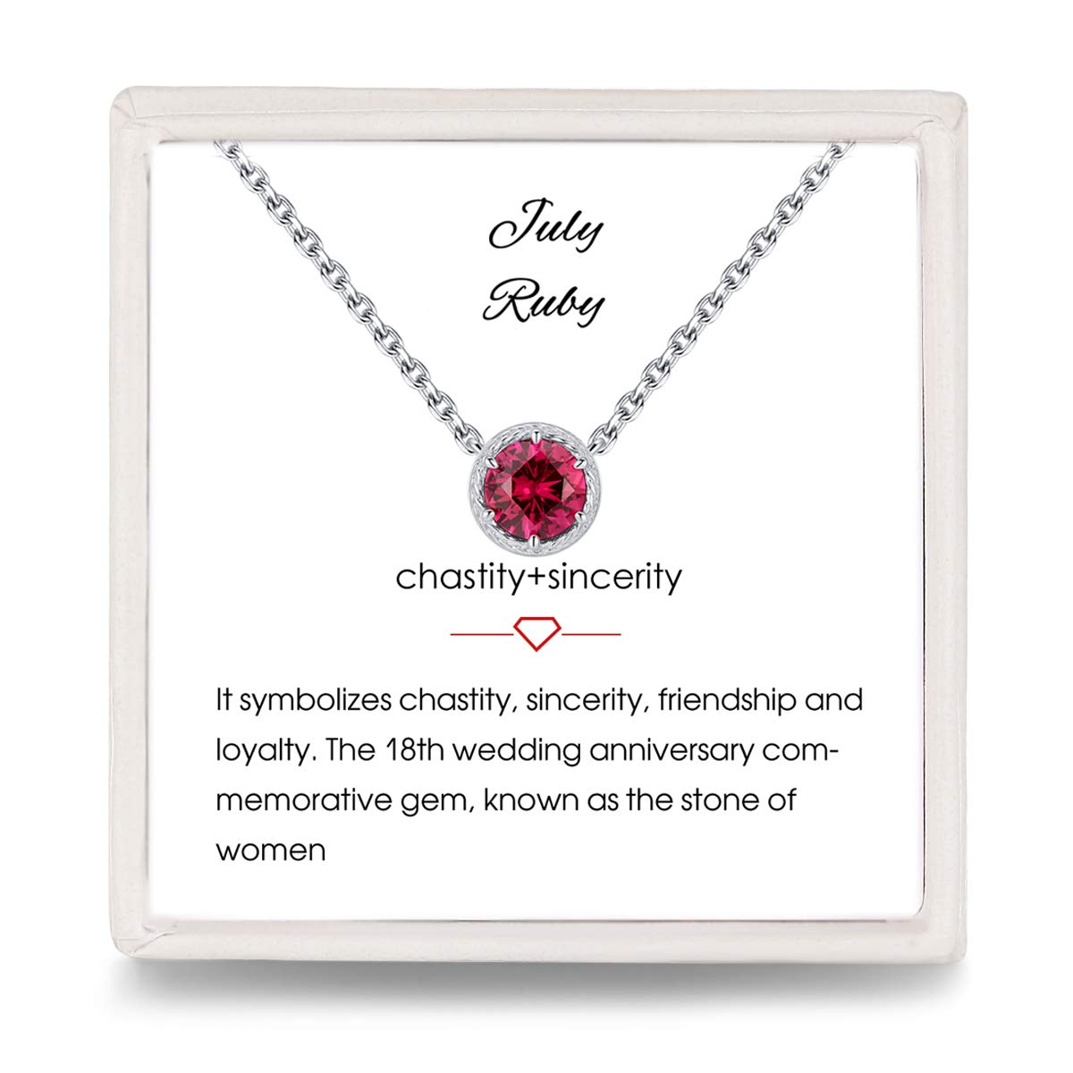 Presentski Ruby Birthstone Pendant Necklace - Red Solitaire Cubic Zirconia Necklace S925 Brithstone Jewelry Single Round Cut Red Diamond