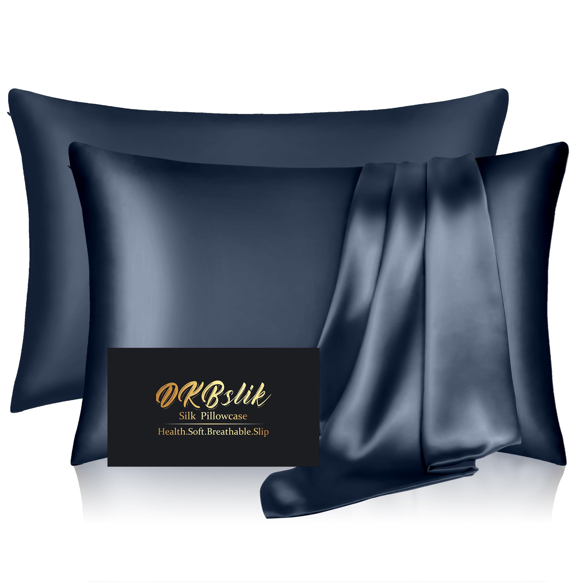 Silk Pillowcase 2 Pack, Natural Mulberry Silk Pillow Cases, Anti Acne Silk Pillowcase for Hair and Skin, King Size Silk Satin Pillowcase Set of 2 with Zipper, Gifts for Sleeping Women, Mood Indigo Image