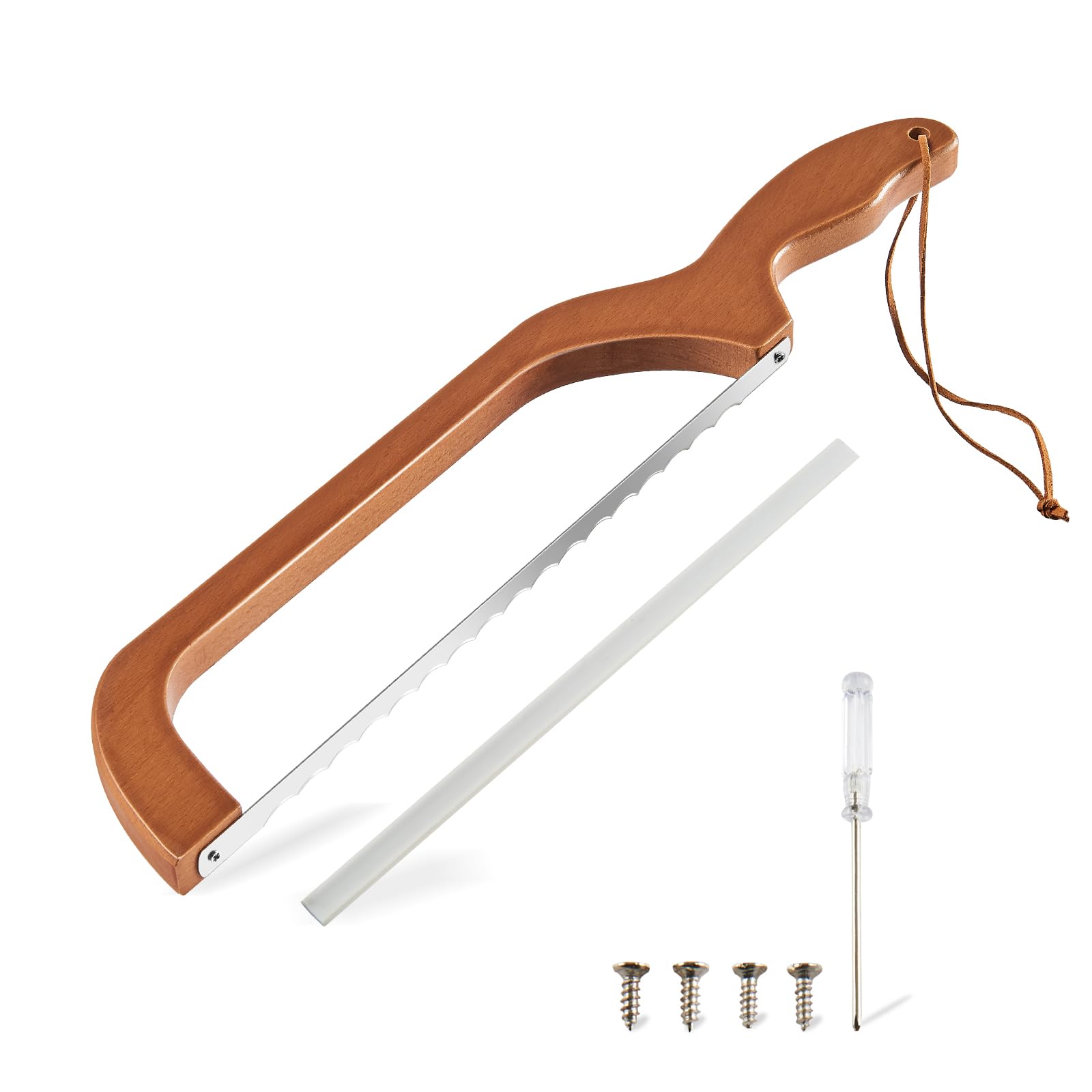thumbnail image 2 of CRNXOMP Serrated Bread Bow Knife For Right Or Left-Handed,Stainless Steel Bread Cutting Tool,15.7in Fiddle Bow Handle Design Bread Slicer,Sourdough Slicer Knife For Homemade Bagels Bread Baguettes 2 of 12
