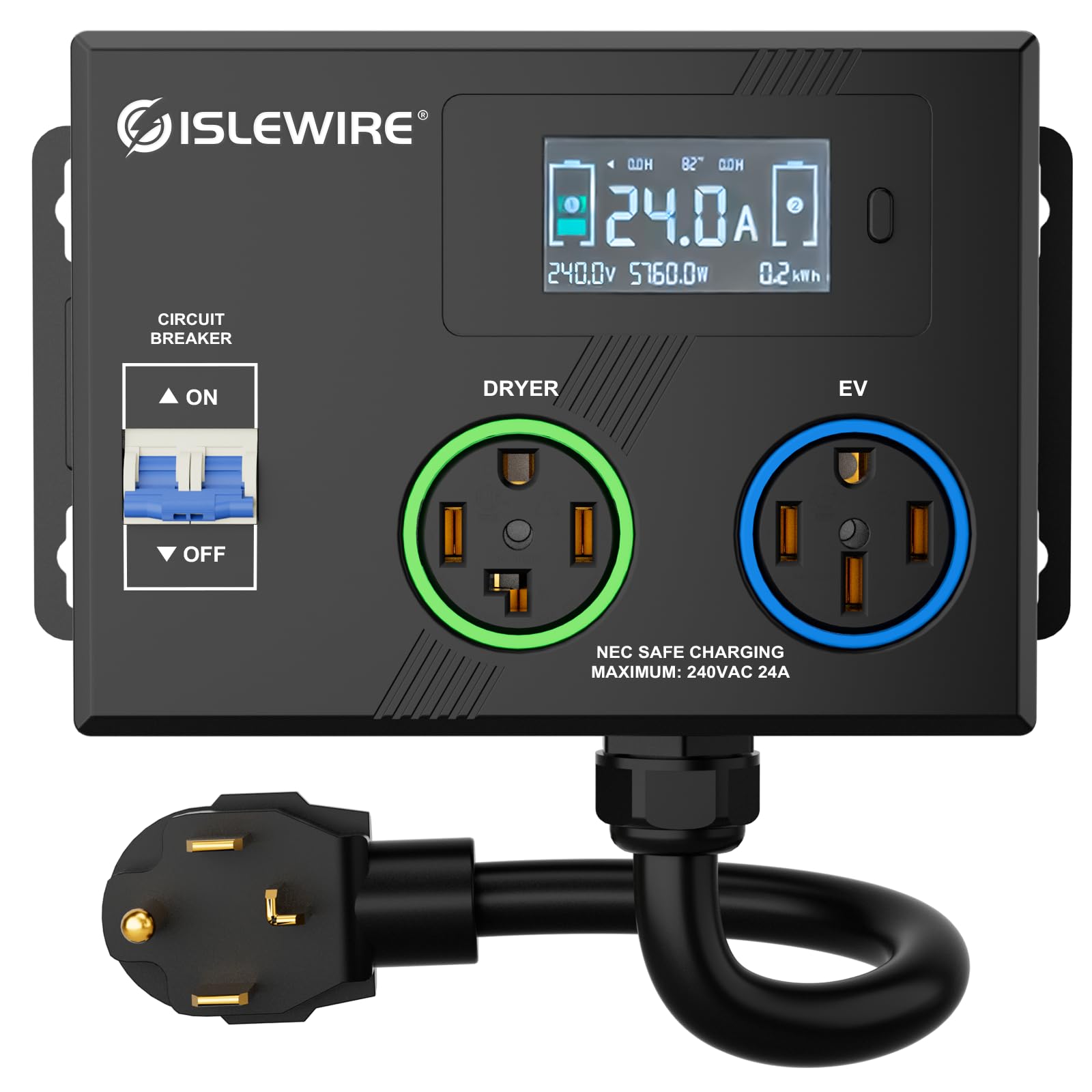 Photo 1 of Smart Dryer Splitter for EV and Dryer, 240V Auto Power Switch for Dryer Outlet, 3-Color LED Ring, 3.4" LCD Display, No Rewiring Needed, NEMA 14-30 Plug, NEMA 14-30 & NEMA 14-50 Outlets (24 Amp)