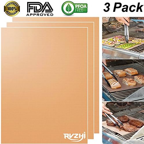 RVZHI Copper Grill Mat Set of 3 - 100% Non-stick BBQ Grill &amp; Baking Mats - FDA Approved, PFOA Free, Easy to Clean and Reusable - As Seen on TV - 15.75 x 13 Inch