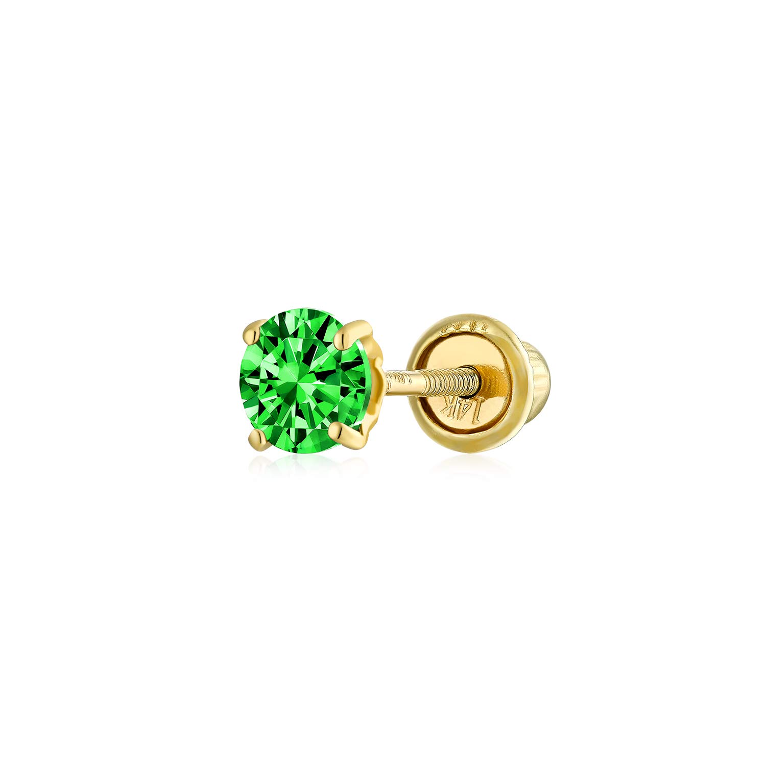 Minimalist Tiny Cubic Zirconia Green Simulated Emerald CZ Round Helix Cartilage Ear Lobe Piercing Daith Round Solitaire 1 Piece Stud Earring Real Yellow Gold Screw back 3MM