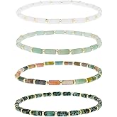BXDA Dainty White Green Tan Orange Aventurine Beads Bracelets Set for Women, Boho Handmade Adjustable Cylindert Natural Stone Beaded Stackable Strand Bracelet Fashion Jewelry Gift.