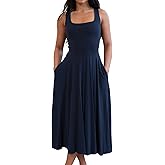 FairBeauty Women's Square Neck Casual Sleeveless Long Dress Stretchy Summer Sundress with Pockets