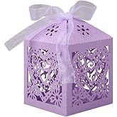 Lucky Monet 25/50/100PCS Love Heart Laser Cut Wedding Candy Gift Box Chocolate Box for Wedding Favor Birthday Party Bridal Shower with Ribbon (25pcs, Lavender)