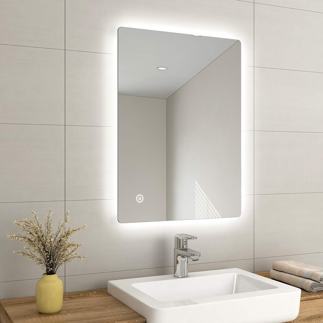 EMKE 60 x 80 cm Bathroom Mirror with LED Lights, Stylish Illuminated Bathroom Mirror Wall Mounted, Backlit LED Mirrors Bathrooms with Anti-fog/Dimmable/Touch Switch, Hardwired, IP44