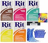 Rit Dye Powder Bundle Lemon Yellow, Cocoa Brown, Tangerine, Fuchsia, Teal with 3 Pair of Pixiss Gloves with Rit Dye Uses Guide