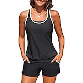 Aqua Eve 3 Piece Tankini Swimsuits for Women - Bathing Suits with Boy Shorts Swim Tank Top Sports Bra and Modest Swimwear Black and White XX-Large