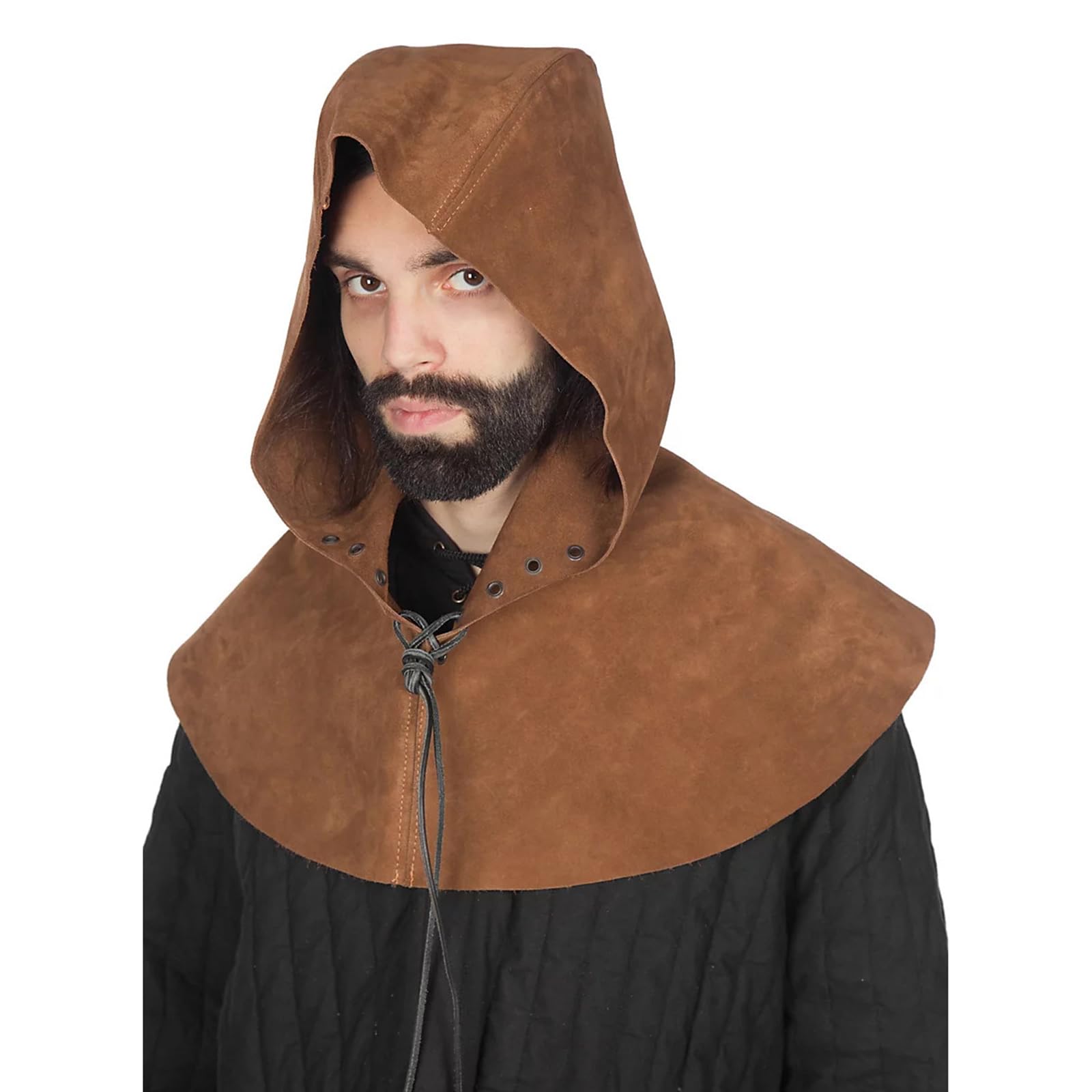 Leather Cowl Cape Hooded Cloak Medieval Viking Lace-up Hooded Robe Gothic Witch Wizard Vampire Costume Fancy Dress Halloween Cosplay Cape Cosplay Cowl Hat with Shawl for Women Men Costume Outfit