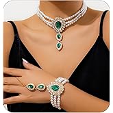 vdwv Pearl Necklace Bracelet Jewelry Set for Women Vintage Imitation Pearl Multi-Strand Choker Shiny Crystal Teardrop Pendant Necklace and Bracelet Court Style Queen Costume Jewelry