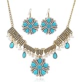 Dtja Boho Turquoise Flower Statement Earrings Necklace Jewelry Set for Women Silvery Bohemian CZ Blue Teardrop Stone Dangle Drop Adjustable Link Chain Bohemian Tribal Accessories Gifts