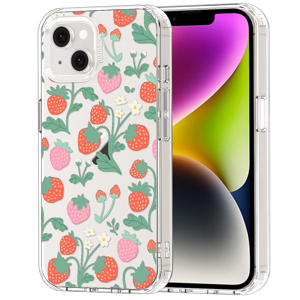 MOSNOVO Case for iPhone 13/14, [Buffertech 6.6ft Military-Grade Drop Protection] [Anti Peel Off Tech] Clear TPU Bumper Phone Case Cover Design - Strawberry Garden — image 1