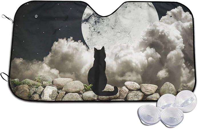 Amazon サンシェード 車用 カーシェード おもしろ 月の魔法 猫柄 日除けシェード フロントガラスカバー 日よけ Uvカット 遮光 断熱 日焼け防止 防紫外線 取付け簡単 軽自動車 小型乗用車 Suv車に適用 吸盤4個入り 車 バイク 車 バイク