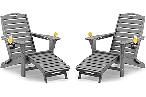 SUUNYN Folding Adirondack Chairs Set of 2,Adirondack Chair with Retractable Ottoman,Plastic Adirondack Chairs with 2 Cup Holder,Weather Resistant Patio Chair,Outdoor Chairs Set of 2(Grey)