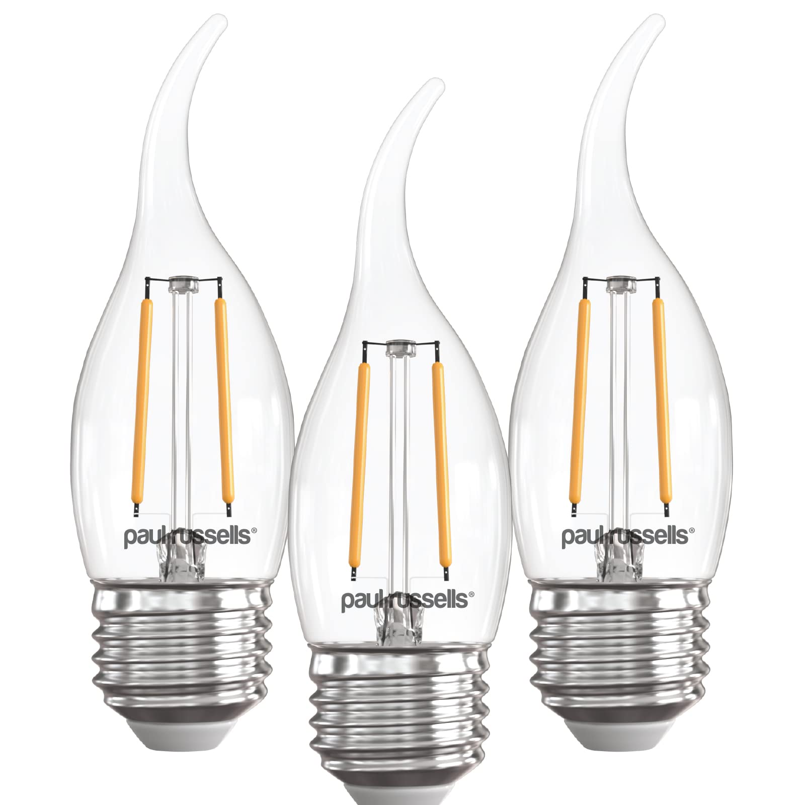 paul russells LED Flame Candle Filament Bulbs - Pack of 3 – 2.5W 25W Equivalent 250LM Lumens 2700K ES E27 Edison Screw C35T– Super Bright Energy Saving Light Non-Dimmable Warm White Lamp