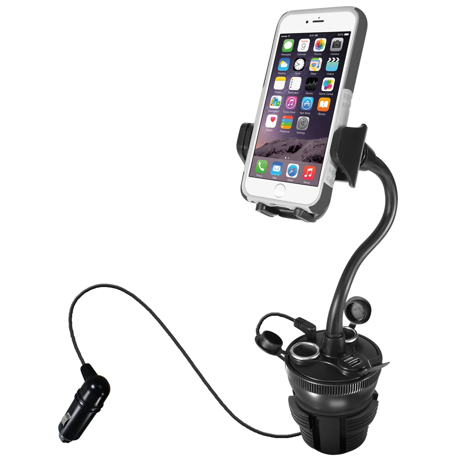 Macally Car Cup Holder Phone Mount with 2 USB Charging Ports & 2 Cigarette Lighter Sockets - Adjustable Cup Phone Holder for Car with 8” Long Neck and 360° Rotatable Base - Fits Phones Up to 4.1” Wide