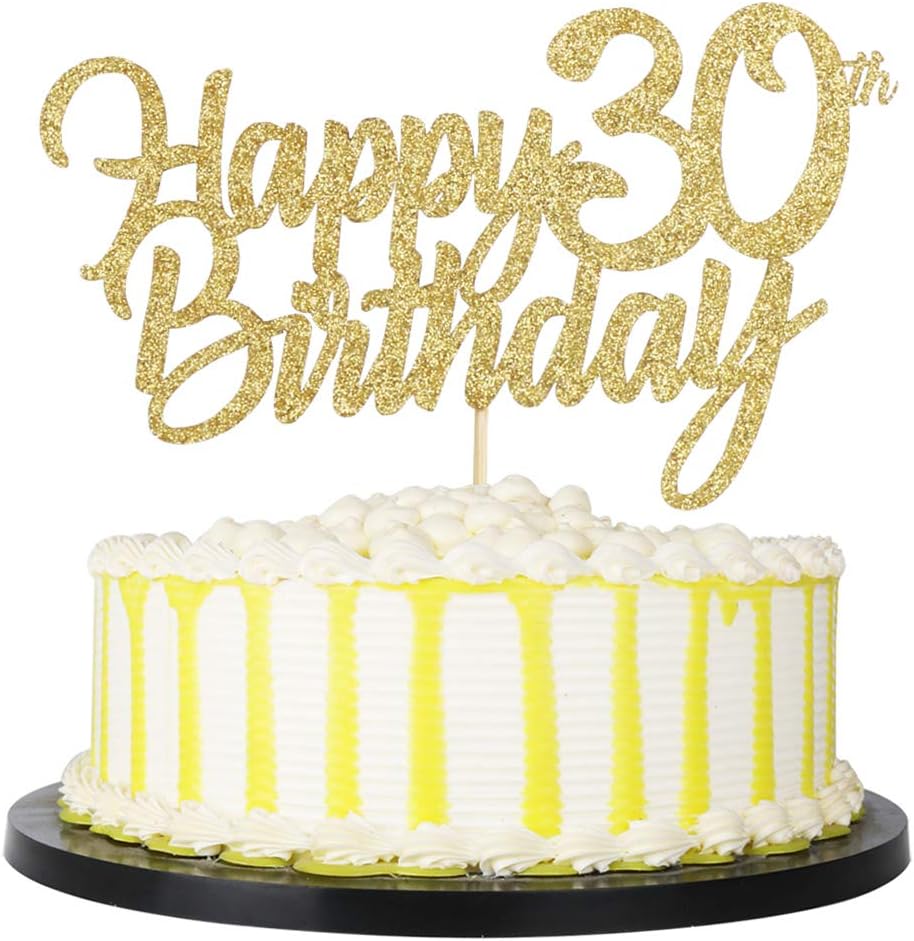 Gold Happy Birthday cake topper - Hello 30, Cheers to 30 Years, 30 Anniversary/Birthday Cake Topper Party Decoration (30th)