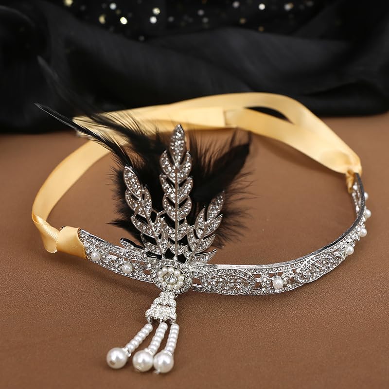 LEEMASING 1920s Flapper Rhinestones Pearls Feather Headband Vintage Gatsby Headpiece Crystal Hair Headband For Party Festival Wedding Costume (Silver With Feather)