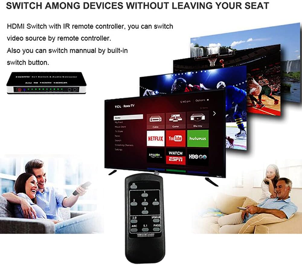 HDMI Switch 5x1 4K@30hz hdmi Audio Extractor 5 Port Supports 1080P Ultra HD 4K Full HD 3D ARC with IR Remote Control: Electronics