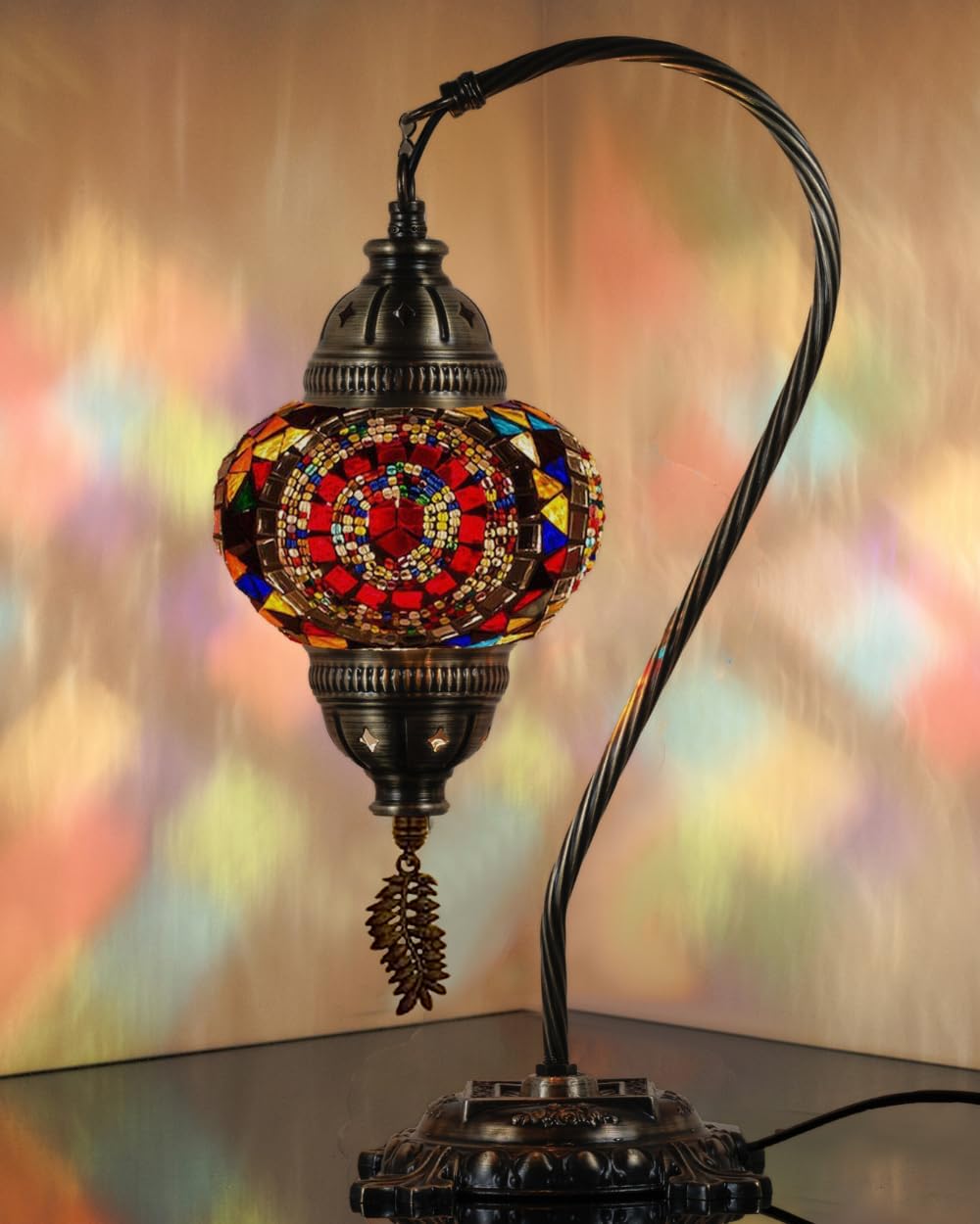 DEMMEX Turkish Moroccan Mosaic Table Lamp–Handcrafted Tiffany-Style Colorful Glass Swan Neck Bedside, Desk Light, Boho Artisan Accent Lighting for Bedroom, Living Room–38cm H, Multicolor