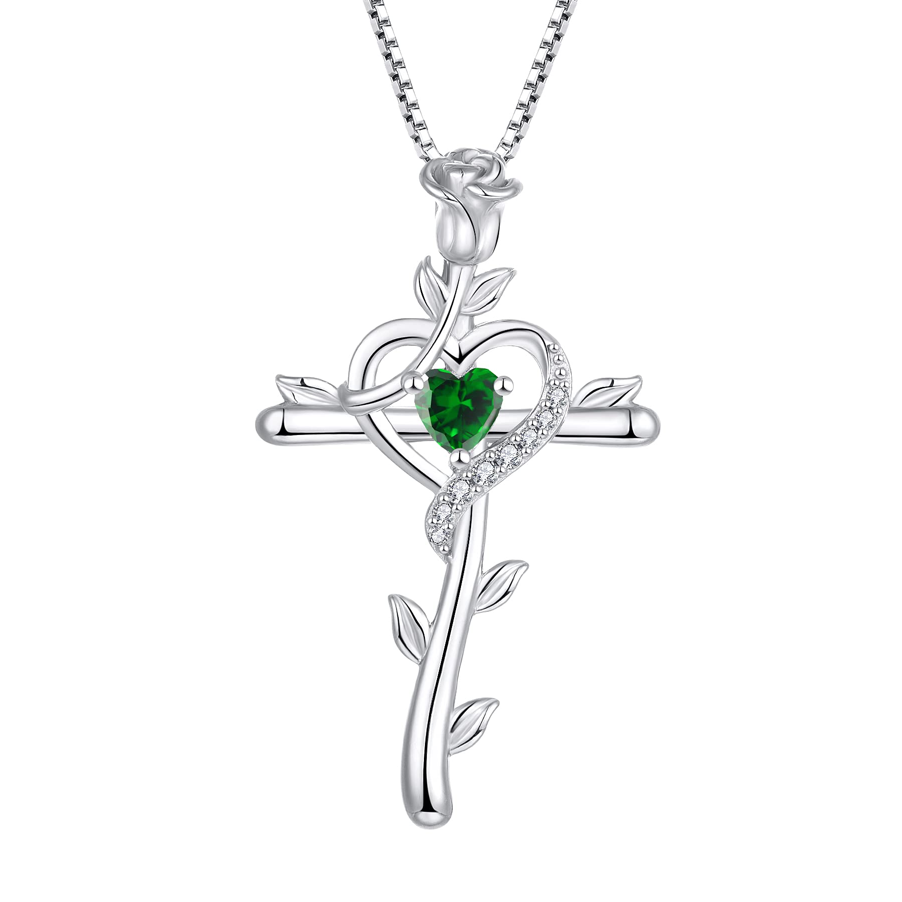starchenie Cross Necklace 925 Sterling Silver Heart Birthstone Rose Crucifix Emerald Zirconia Pendant Jewelry Gift for Women