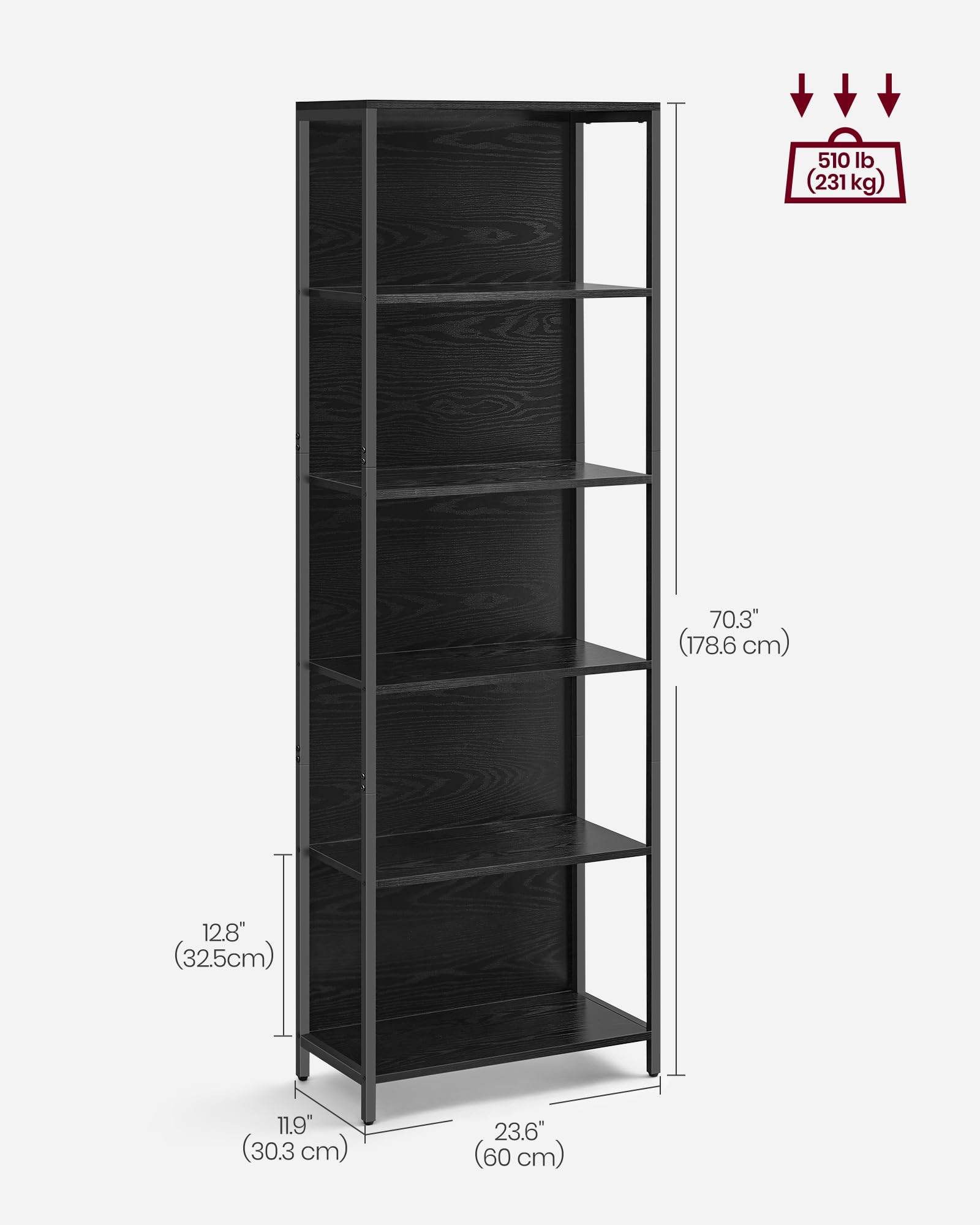 VASAGLE 6-Tier LED Bookshelf, Display Shelf with Dimmable Lights, LED Bookcase with Steel Frame, 11.9 x 23.6 x 70.3 Inches, for Living Room, Bedroom, Office, Black with Wood Grain ULLS120B56