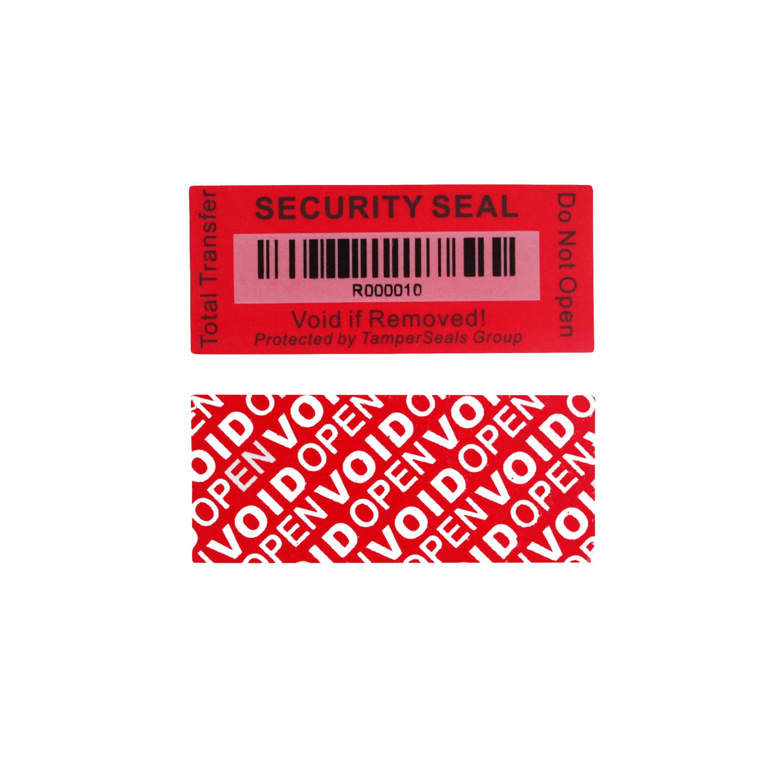 TamperSeals Group - 100pcs 25x60mm Red Total Transfer Tamper Evident Security Void Stickers/Labels/Seals with Barcode