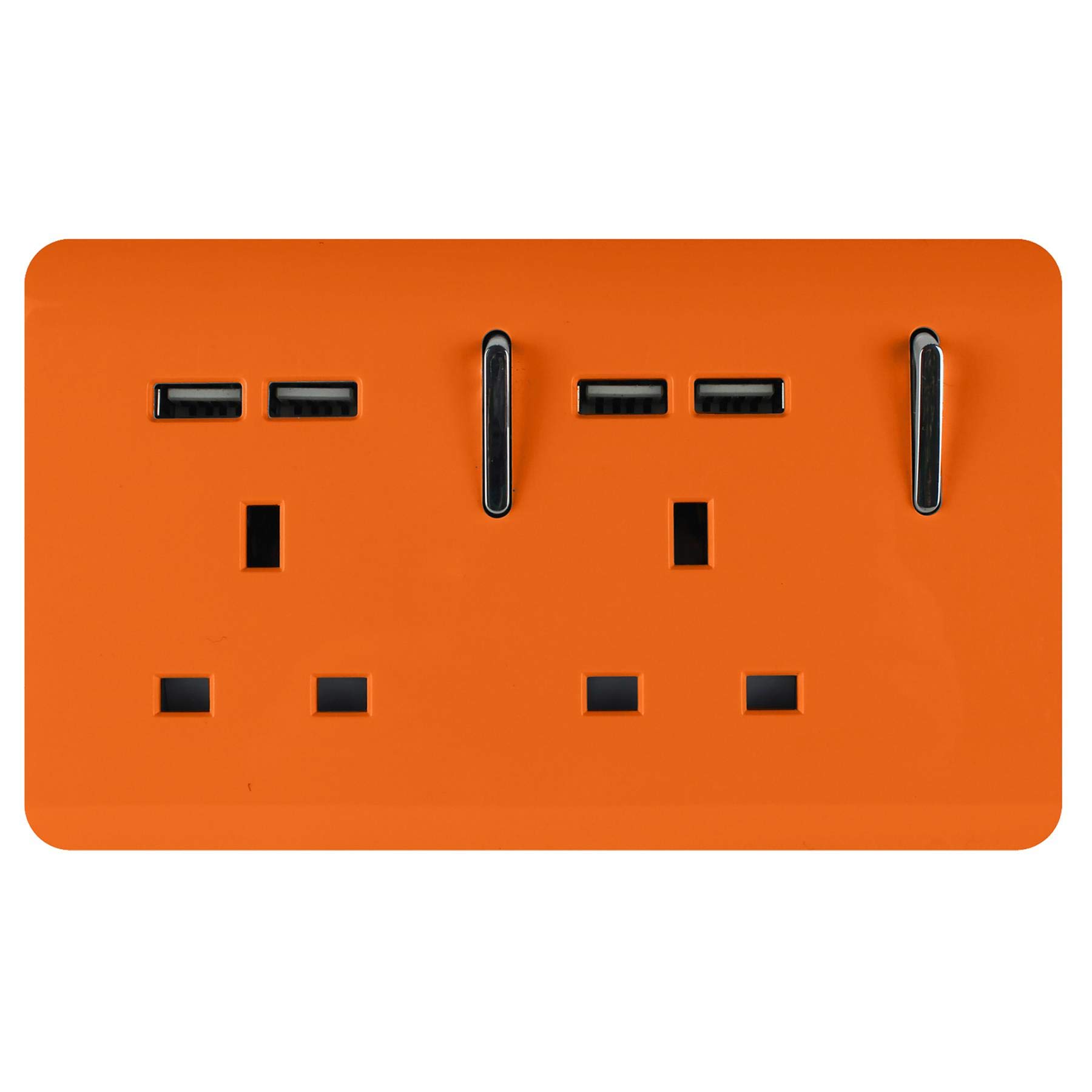 Trendi 2 Gang Artistic Modern Glossy Screwless Raised 13 Amp 240v Short 4 USB Type A Charging Points Double Chrome Switched Electrical Wall Plug Socket Sunset Orange - ART-SKT213USBOR