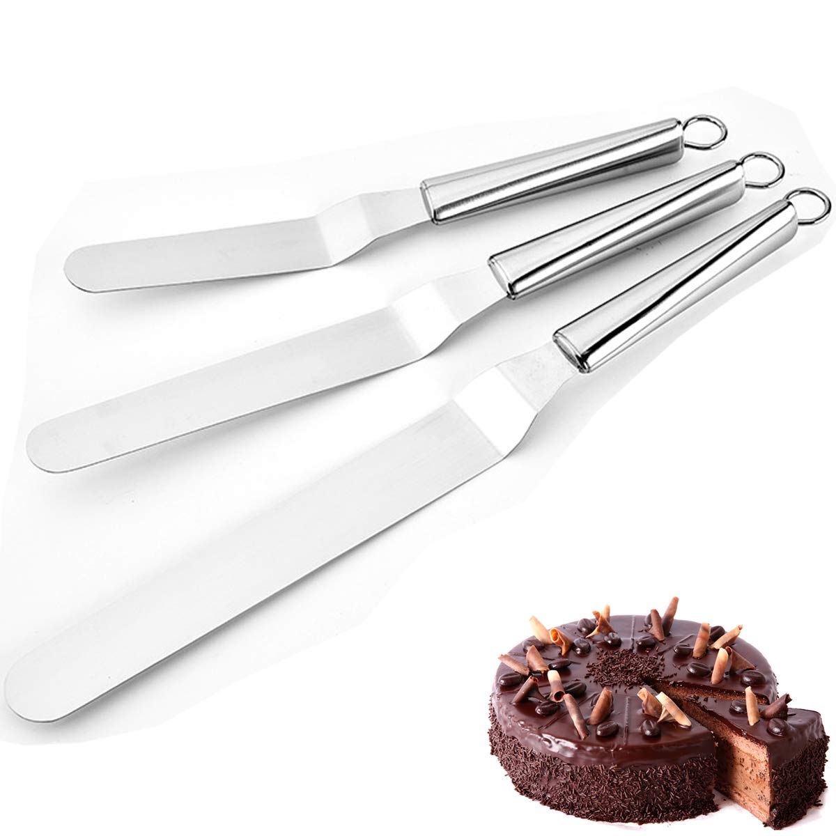 Stainless Steel Angled Icing Spatula, 3 Pcs Professional Palette Knife Set Offset Spatula Icing Tool for Cupcake Cakes Decorating,Smoothing Icing, Frosting Pastries
