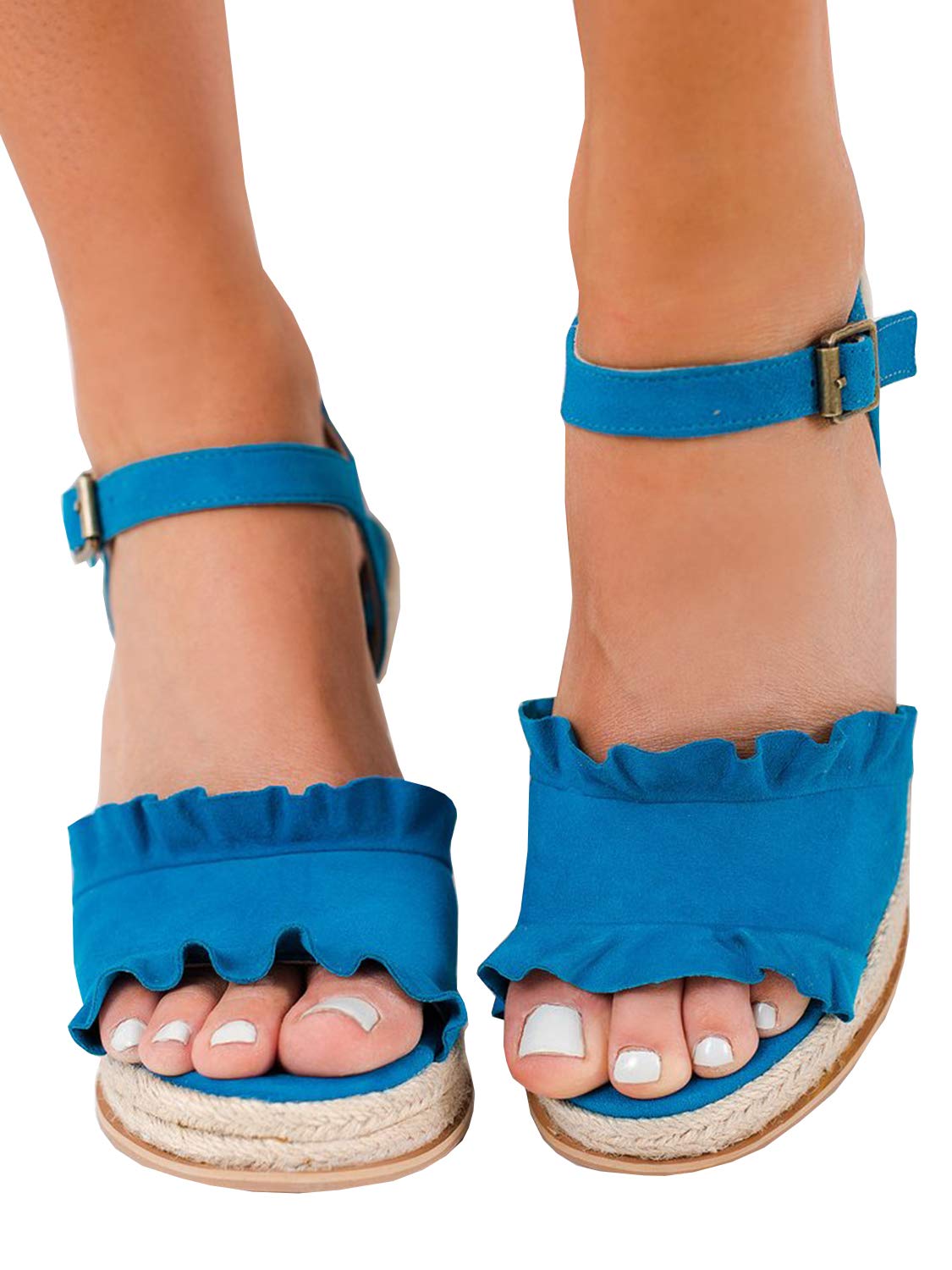Womens Ruffle Espadrille Wedge Sandals Open Toe Ankle Strap Platform Heels Shoes - Image 3