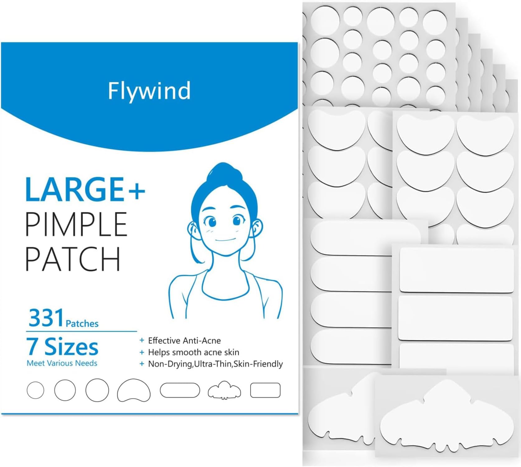 Large Pimple Patches(331 Patches 7 size), Acne Patches Invisible Spot Patches for Face Chin Back or Body,Hydrocolloid Pimple Patch Suitable for All Skin Types