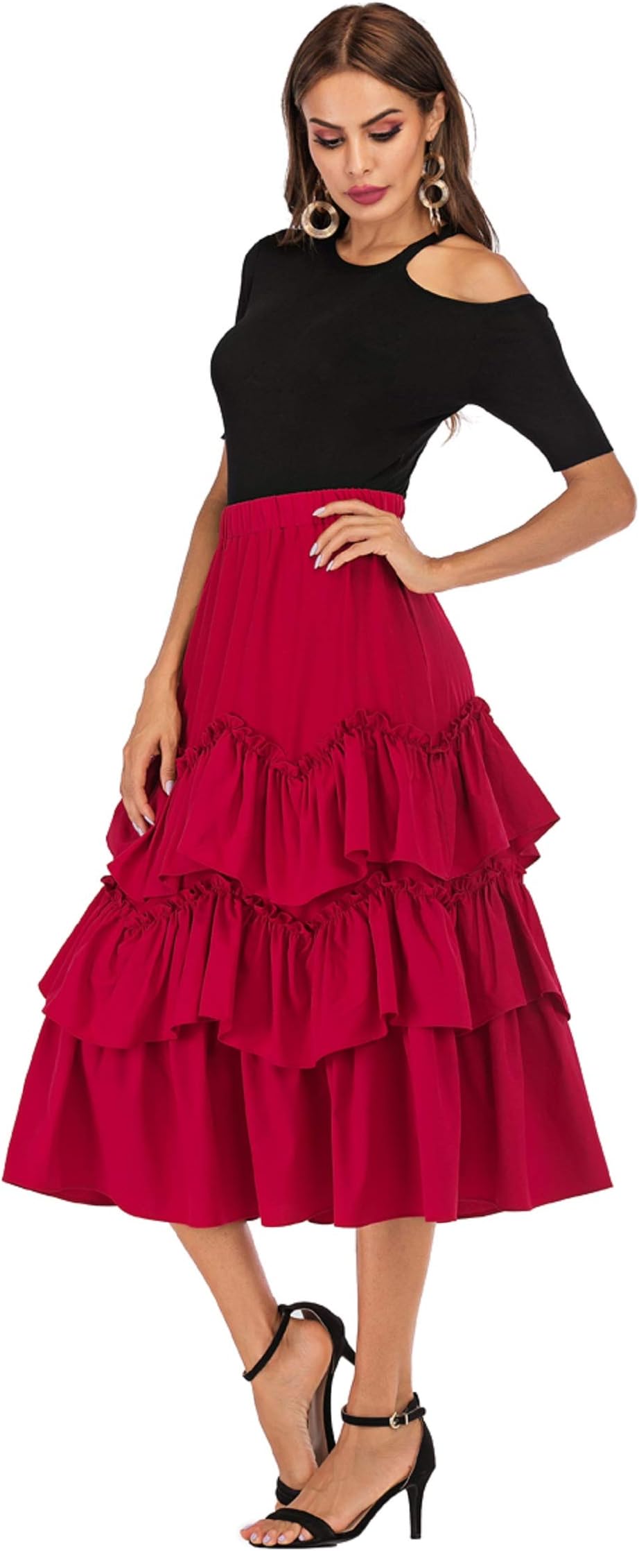 Women’s Bohomeian Tiered Ruffle Layered Skirt Elastic High Waist A Line Maxi Skirts