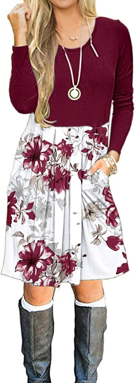 AUSELILY Women's Long Sleeve Pleated Loose Swing Casual Dress with Pockets Knee Length at  Women’s Clothing store