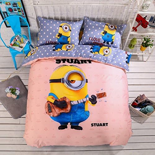 Sisbay Boys Girls Duvet Cover Star Print,Minions Cartoon Child Bedding King Grey Orange,Cute Minions Birthday Bed Sheet,4pcs
