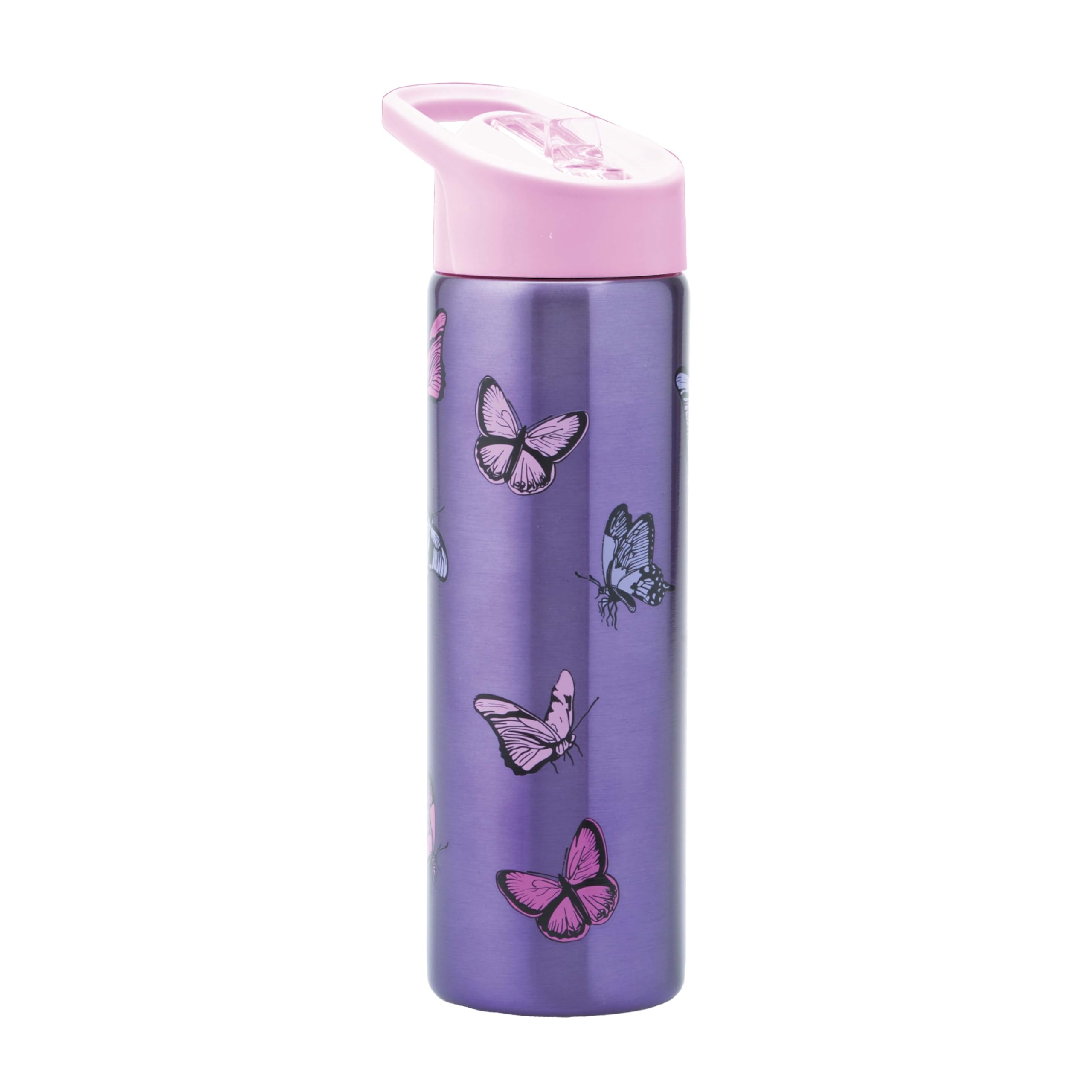 Smash Stainless Steel Water Bottle with Flip Top Lid and Straw - Butterfly 750ml Purple — image 1