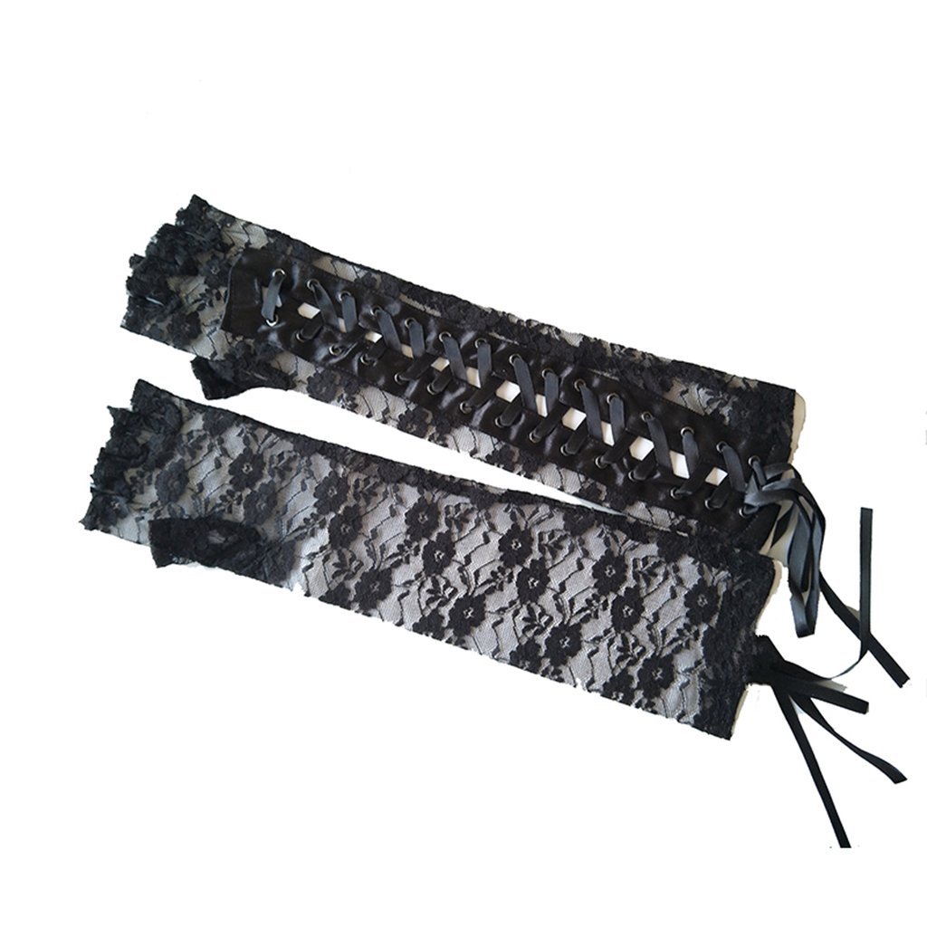 DreamHigh Womens Sexy Elbow Length Punk Fingerless Lace Up Arm Warmer Lace Gloves, Black, One Size