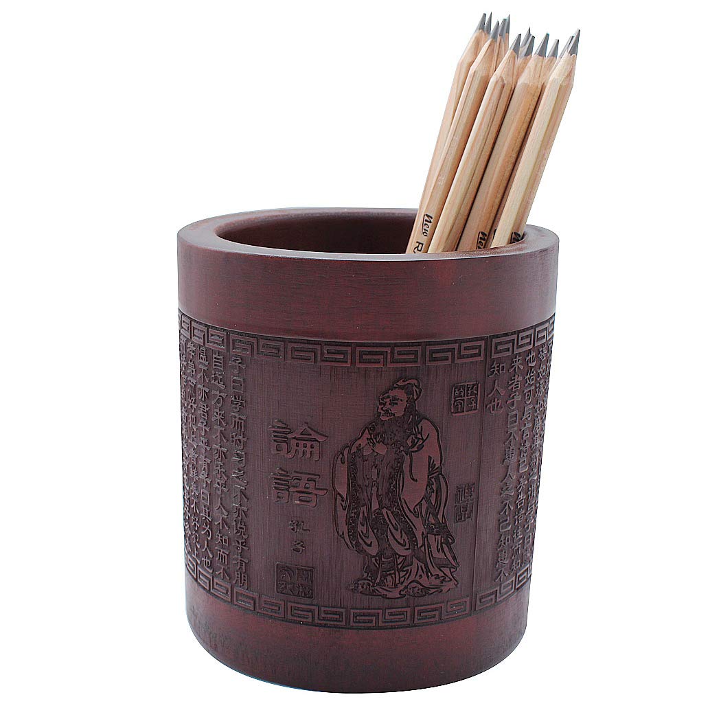 SIPLIV Bamboo Big Pen Holder Confucius Analects Engraving Pen Holder for Desk Supplies Organizer Gift for Desk Office Classroom Home