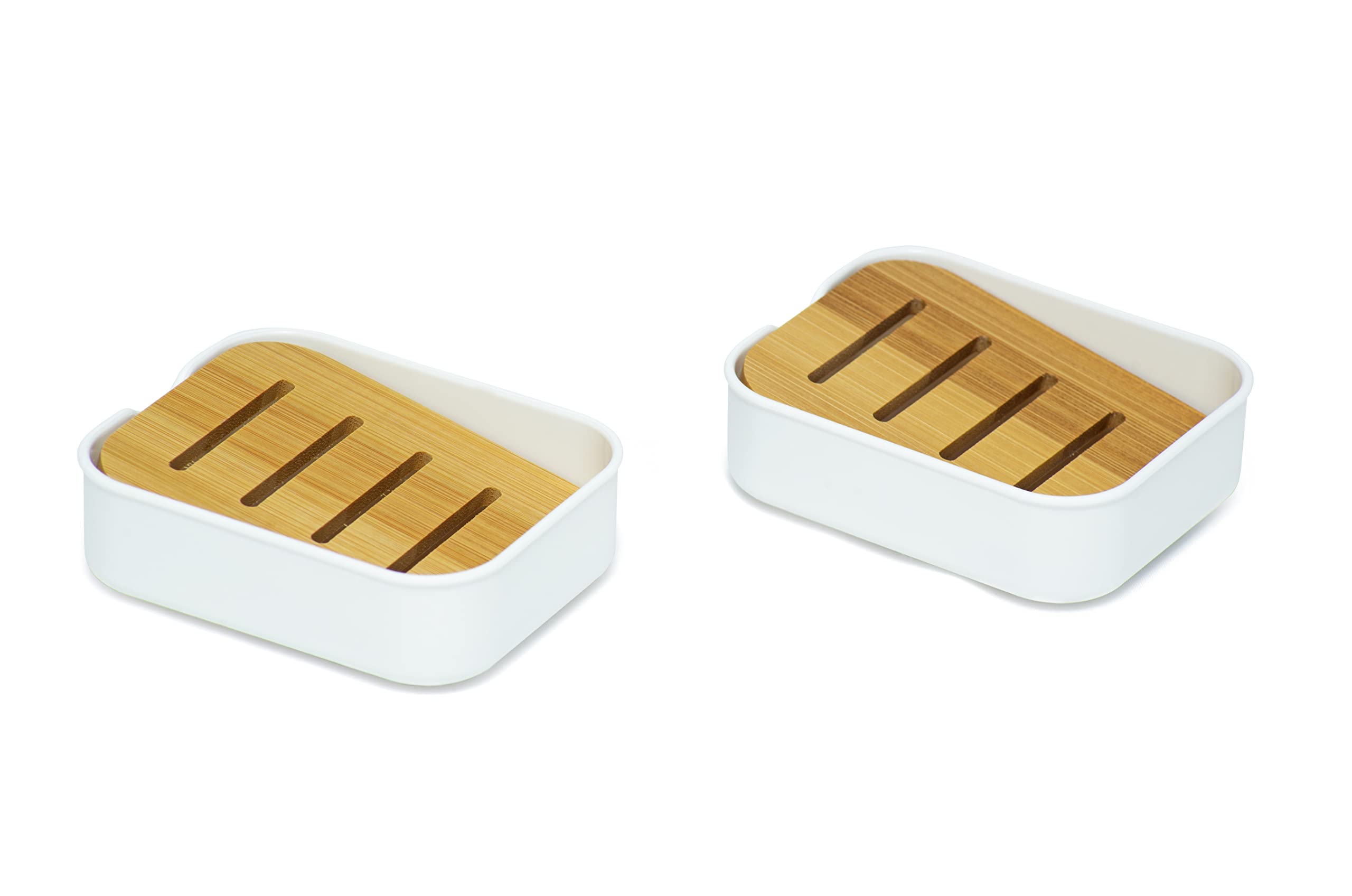 simplywire – Pack of 2 – Plastic Soap Dishes with Natural Slanted Bamboo Shelf – Bathroom Soap Holders - Rectangular - White