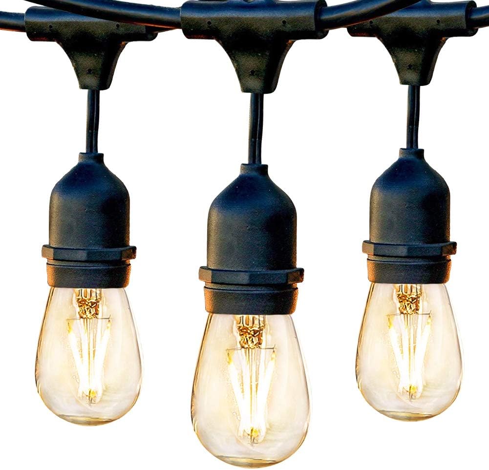 49ft Outdoor LED String Lights, Waterproof Commercial Grade, 15 x E26 Hanging Sockets, S14 2W LED Bulbs Heavy Duty Connectable Edison Bulbs for Patio Cafe Wedding ( 2700K, IP65 Waterproof, UL Listed)